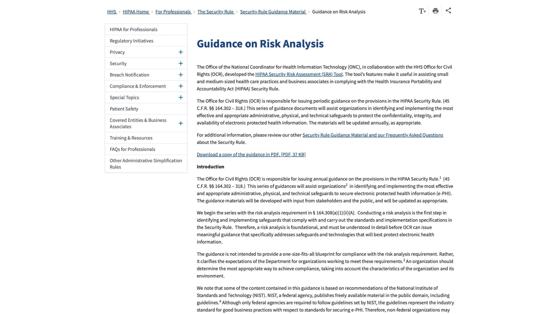 HHS.gov official HIPAA Security Rule risk analysis guidance page showing federal regulatory requirements
