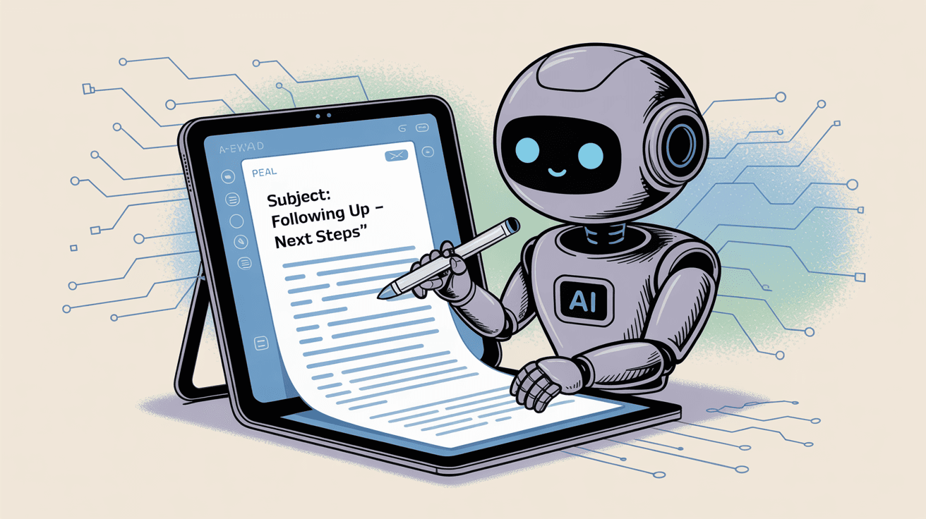 AI robot assistant composing follow-up email with subject line "Following Up - Next Steps?"